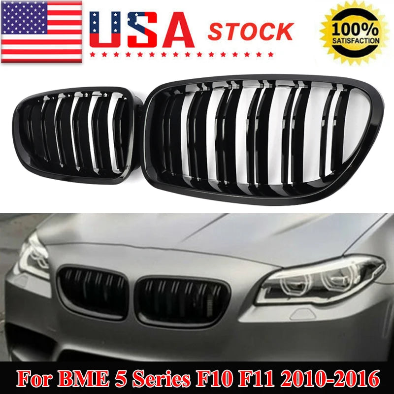 M5 Look Gloss Black Dual Fins Front Kidney Grille Compatible with BMW 5 Series F10 F11 2010-2016 Dual Lines Racing Grills