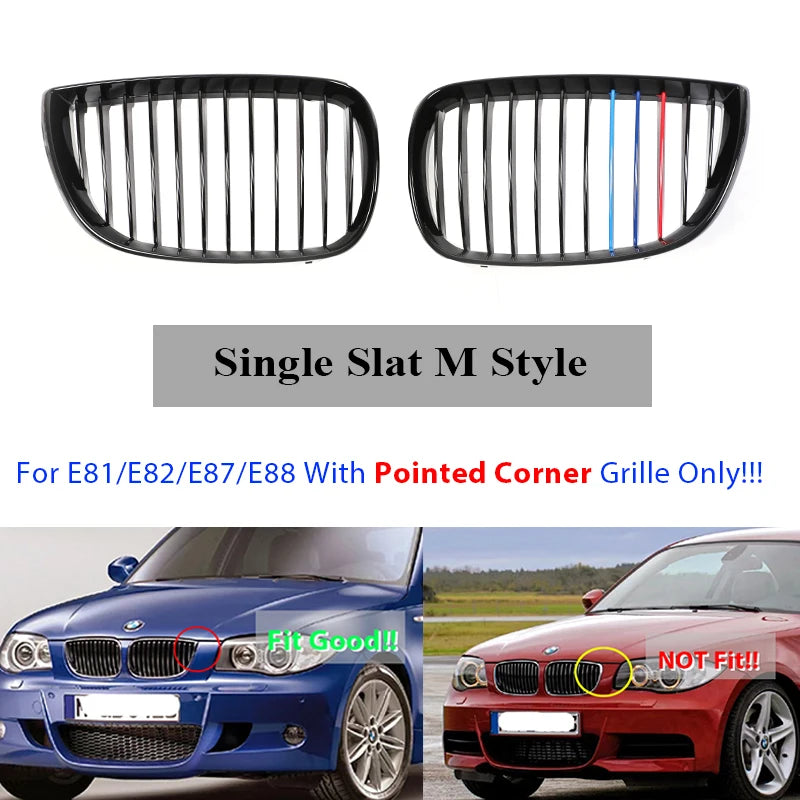 Front Bumper Kindey M Style Grille for BMW 1 Series E81 E82 E88 E87 2004-2011 Double Slat Gloss Black Grill Cover Exterior Part