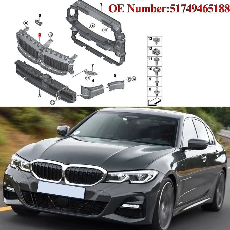 Front Radiator Grille Active Air Shutter Black Compatible with BMW G20 G21 330i 2019-2022 Automotive Exterior Parts 51749465188