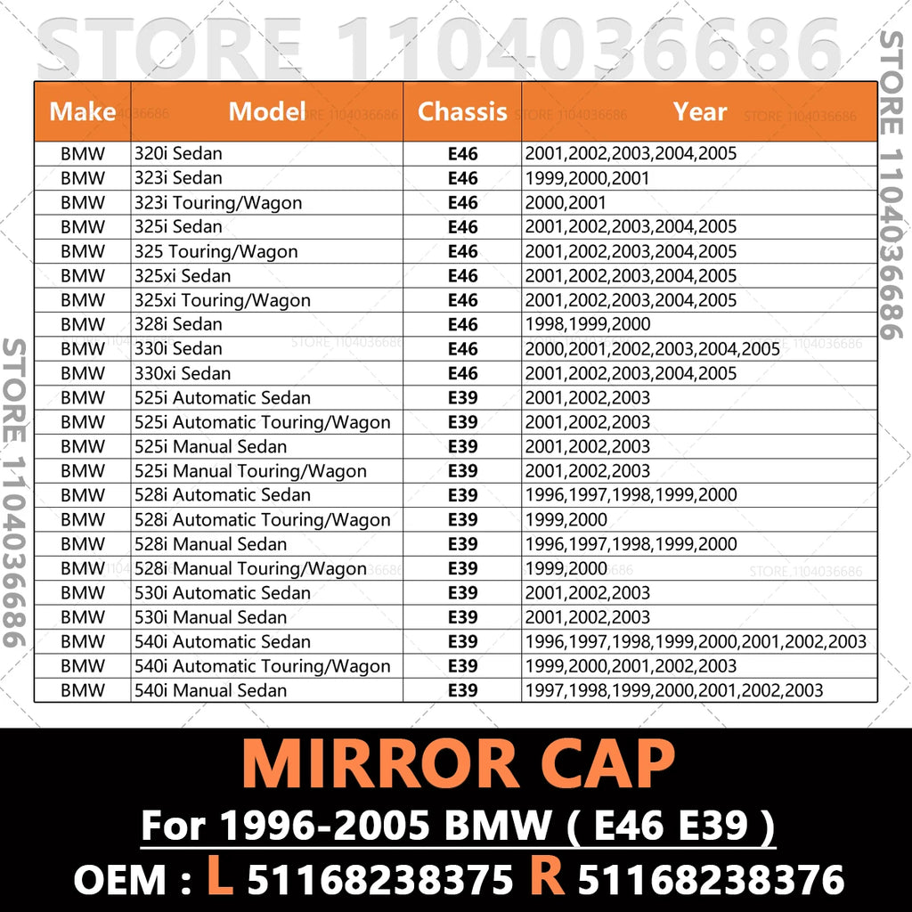 For 1996-2005 BMW 320i 323i 325i 328i 330i 525i 528i 530i 540i E46 E39 Rearview Side Mirror Cover Cap 51168238375 51168238376