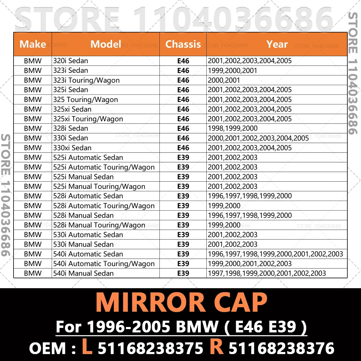 For 1996-2005 BMW 320i 323i 325i 328i 330i 525i 528i 530i 540i E46 E39 Rearview Side Mirror Cover Cap 51168238375 51168238376