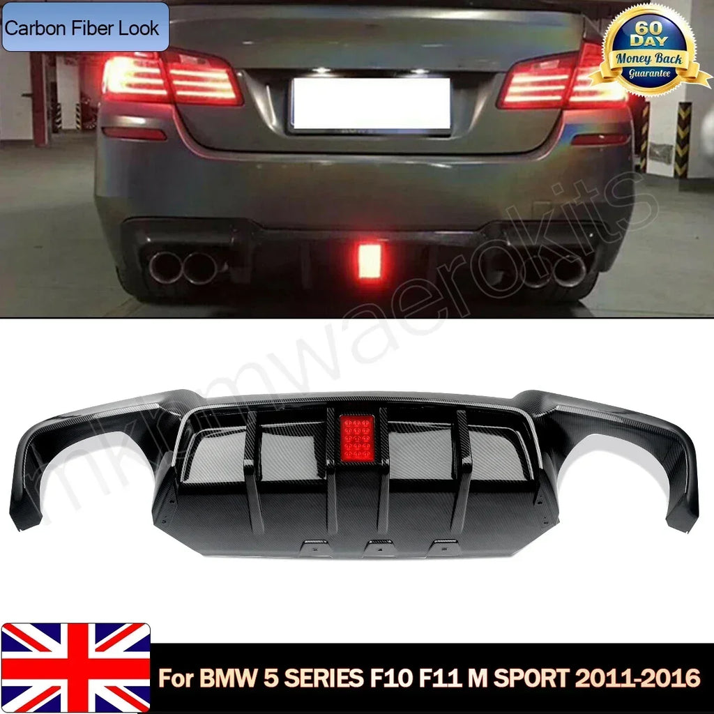 MagicKit for BMW 5 Series F10 M Sport Bumper 10-16 Carbon Look Rear Diffuser with LED Light
