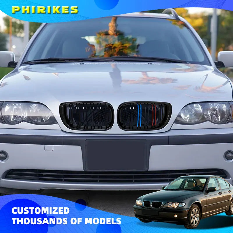 1Pair Car Front Kidney Grills Gloss Black Double Slat Hood Grill for BMW 3 Series E46 2002-2005 Racing Grille Car Replacement