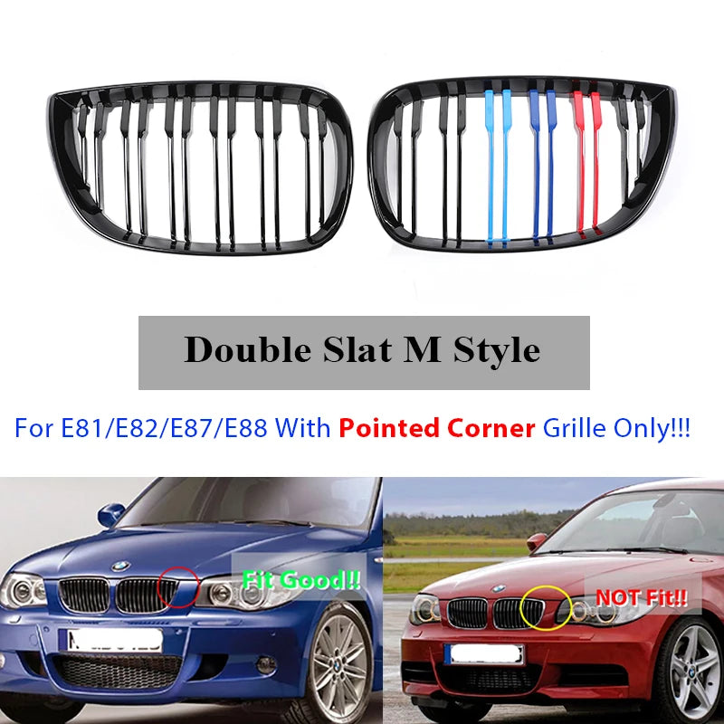 Front Bumper Kindey M Style Grille for BMW 1 Series E81 E82 E88 E87 2004-2011 Double Slat Gloss Black Grill Cover Exterior Part