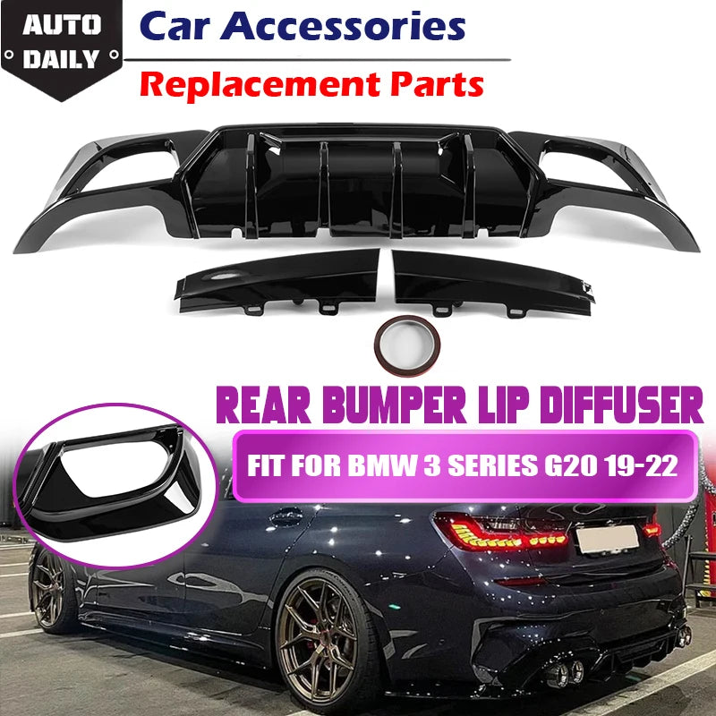 For 2019-2022 BMW 3 Series G20 G21 330i M340i Car Rear Bumper Lip Diffuser W/LED Carbon Fiber Gloss Black M Sport Accessories